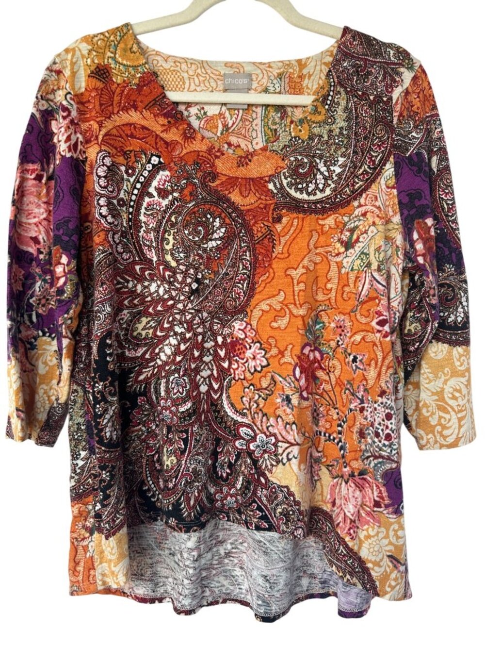Chicos Top Medium Paisley Floral 3/4 Sleeve High Low Orange Purple Boho Hippie